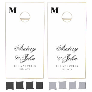 Monogram Black White Script Wedding Cornhole Set