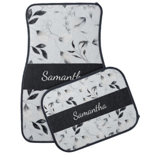 Monogram Black White Silver Gray Floral Leaves Car Floor Mat