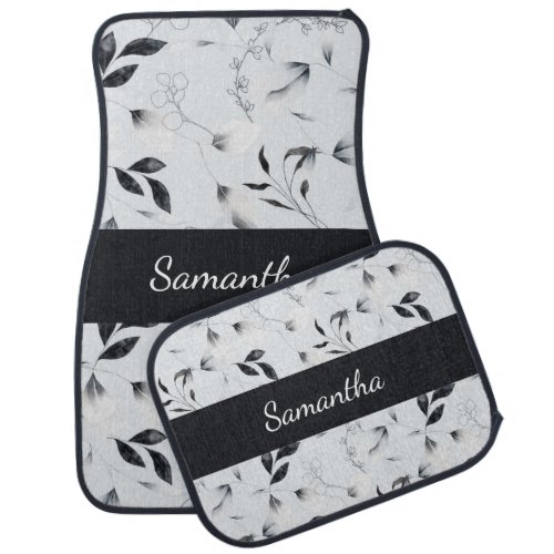 Monogram Black White Silver Gray Floral Leaves  Car Floor Mat