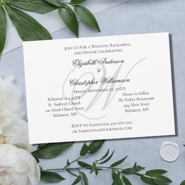 Monogram Black White Silver Wedding Rehearsal   Invitation (Creator Uploaded)
