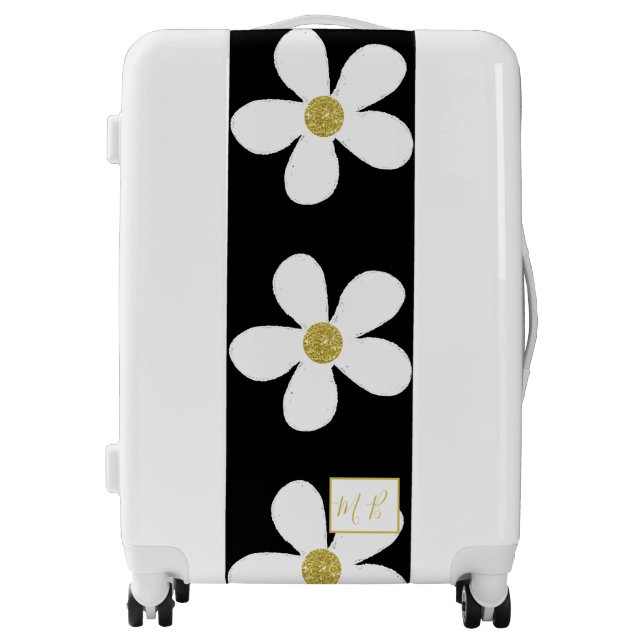 Monogram Black White Simple Daisy Gold Luggage (Front)