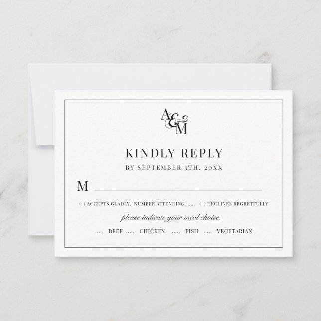 Monogram Black White Simple Elegant Meal Choice RSVP Card (Front)