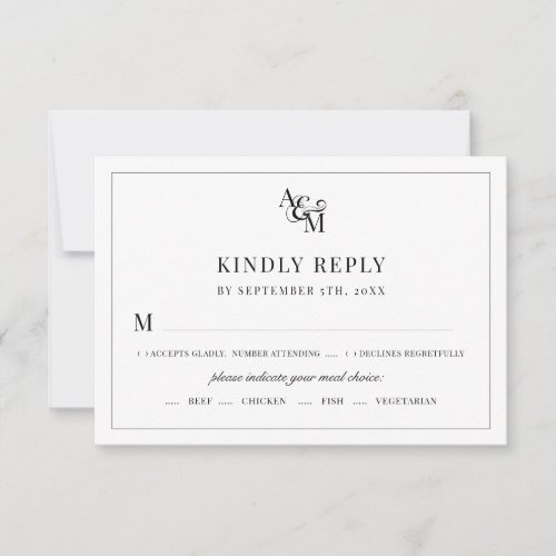 Monogram Black White Simple Elegant Meal Choice RSVP Card