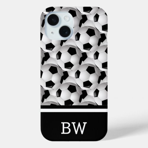 Monogram Black White Soccer Ball Pattern iPhone 15 Case