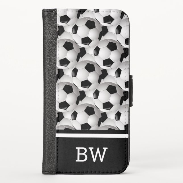 Monogram Black White Soccer Ball Pattern iPhone Wallet Case (Front)