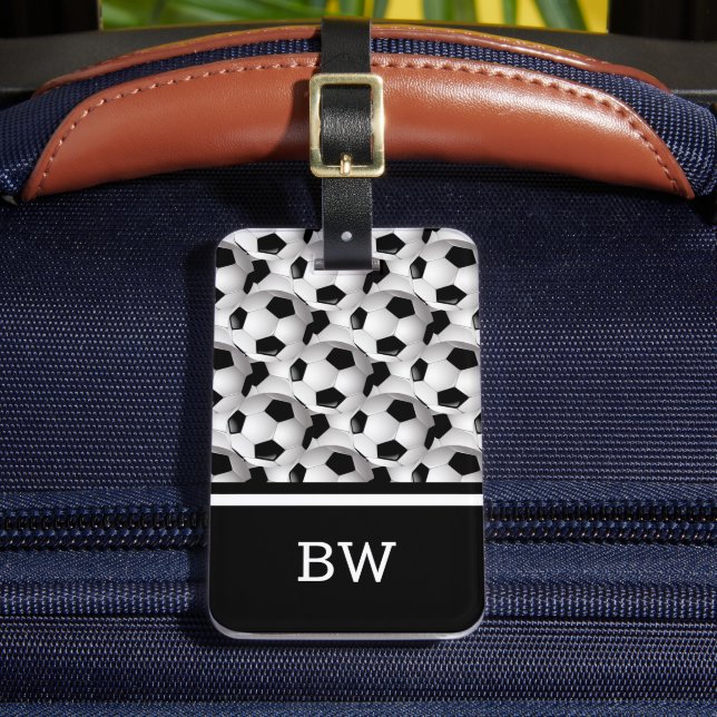 Monogram Black White Soccer Ball Pattern Luggage Tag (Front Insitu 2)