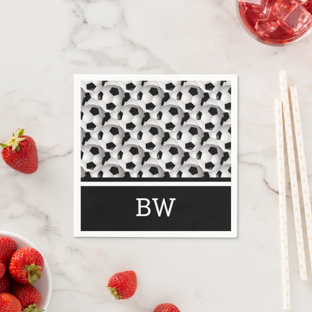 Monogram Black White Soccer Ball Pattern Napkins (Insitu)