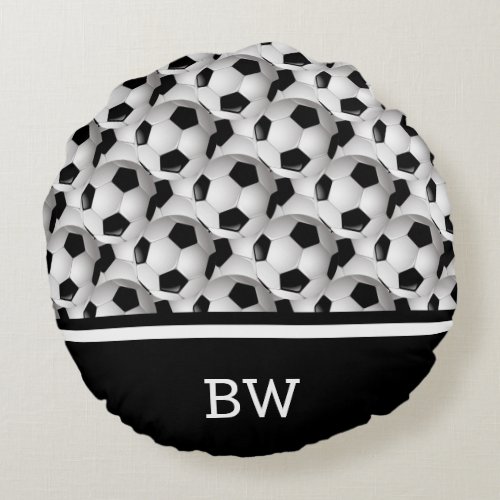 Monogram Black White Soccer Ball Pattern Round Pillow