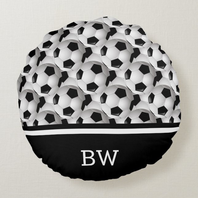Monogram Black White Soccer Ball Pattern Round Pillow (Back)