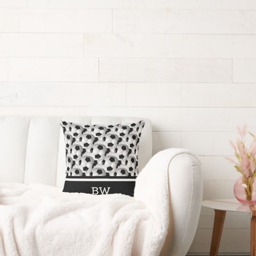 Monogram Black White Soccer Ball Pattern Throw Pillow