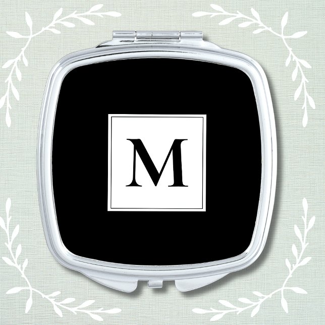 Monogram Black & White Square Compact Mirror (Modern Simple Black and white monogram. Elegant for a Black & White Wedding. )