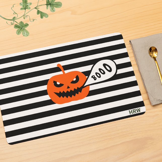 Monogram, Black & White Stripe Boo Pumpkin 20x14  Cloth Placemat (Creator Uploaded)