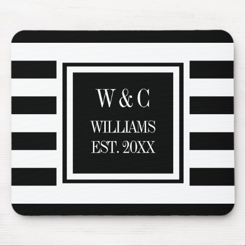 Monogram Black White Stripe Personalized Mouse Pad