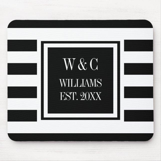 Monogram Black White Stripe Personalized Mouse Pad (Front)