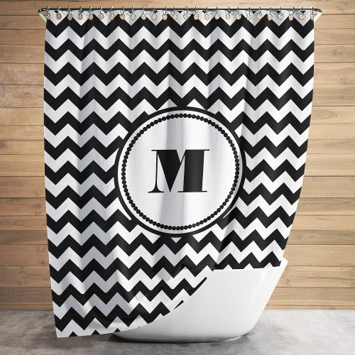 Monogram Black White Striped Chevron Pattern Shower Curtain