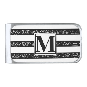 Monogram Black White striped design Silver Finish Money Clip