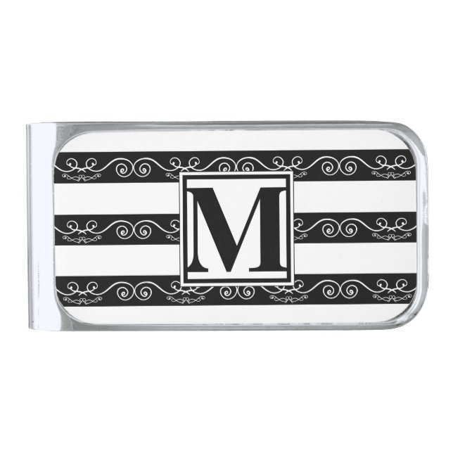 Monogram Black White striped design Silver Finish Money Clip (Front)