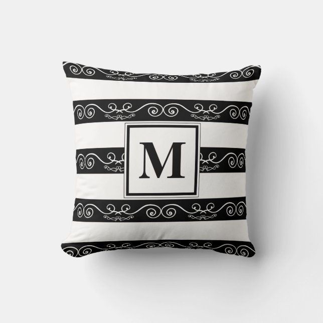 Monogram Black White striped design Throw Pillow (Front)