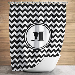Monogram Black White Striped Shower Curtain