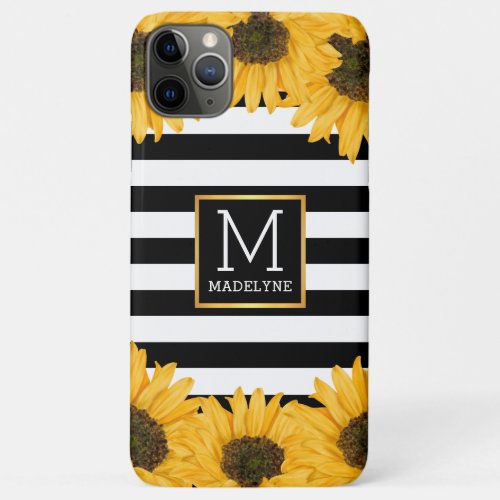 Monogram Black White Striped Sunflower Gold iPhone 11 Pro Max Case