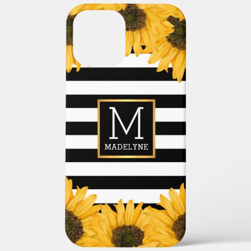 Monogram Black White Striped Sunflower Gold iPhone 12 Pro Max Case