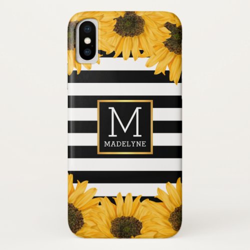 Monogram Black White Striped Sunflower Gold iPhone XS Case