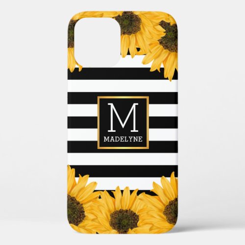 Monogram Black White Striped Sunflower Gold iPhone 12 Pro Case