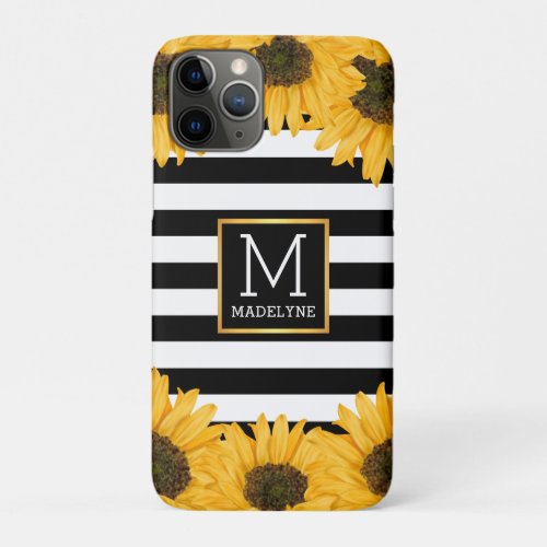 Monogram Black White Striped Sunflower Gold iPhone 11 Pro Case