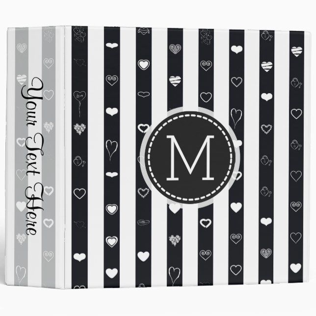 Monogram Black White Stripes Elegant Modern Heart Binder (Front/Spine)