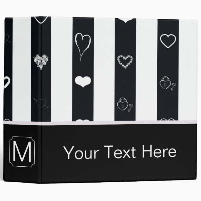 Monogram Black White Stripes Modern Heart Pattern Binder (Front/Spine)