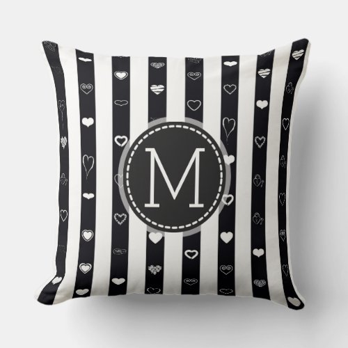Monogram Black White Stripes Modern Heart Pattern Throw Pillow