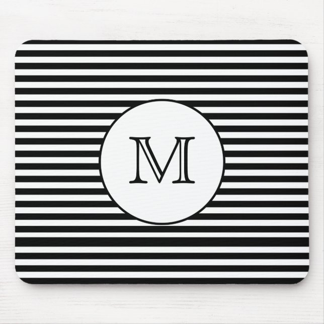Monogram Black & White Stripes Personalized Mouse Pad (Front)