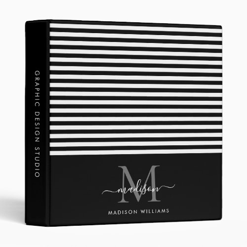 Monogram Black White Stripes Script Gray Office 3 Ring Binder