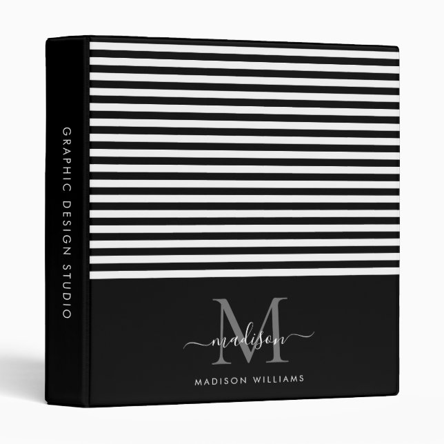 Monogram Black White Stripes Script Gray Office 3 Ring Binder (Front/Spine)