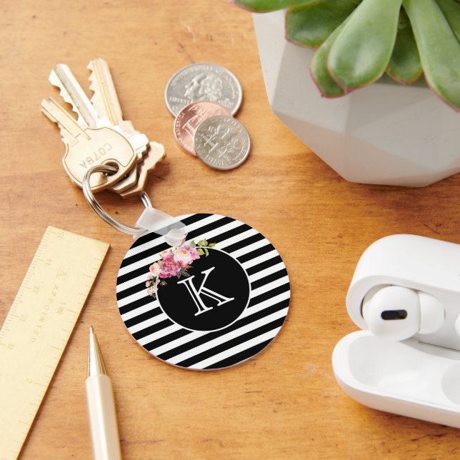 Monogram Black & White Stripes with Photo Keychain (Desk)