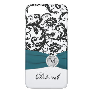 Monogram Black, White, Teal Damask iPhone 7 Case