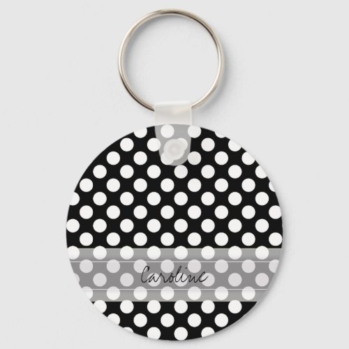 Monogram Black White Trendy Fun Polka Dot Pattern Keychain