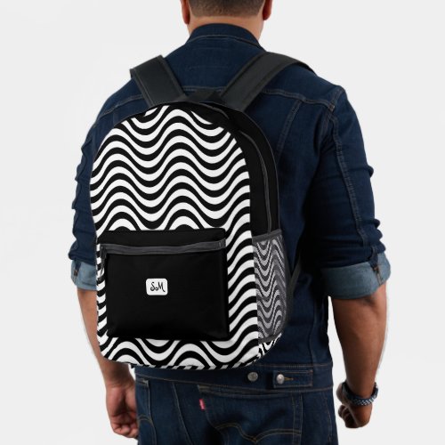 Monogram Black White Wavy Stripes Psychedelic Printed Backpack