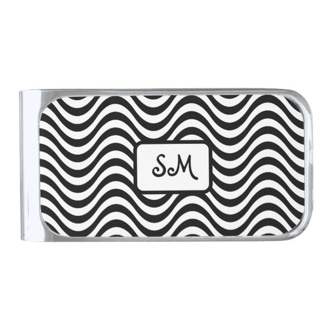 Monogram Black & White Wavy Stripes Psychedelic Silver Finish Money Clip (Front)