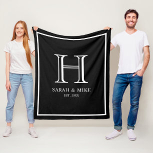 Monogram Black & White Wedding Couples Names Fleece Blanket