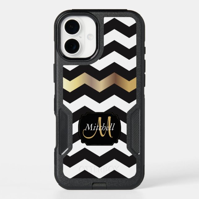 Monogram Black & White With Gold - Chevron  Otterbox iPhone Case (Back)