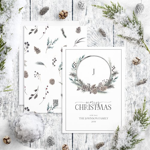 Monogram Black Winter Berry Wreath Merry Christmas Holiday Card