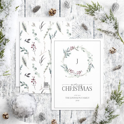 Monogram Black Winter Wreath Merry Christmas Holid Holiday Card