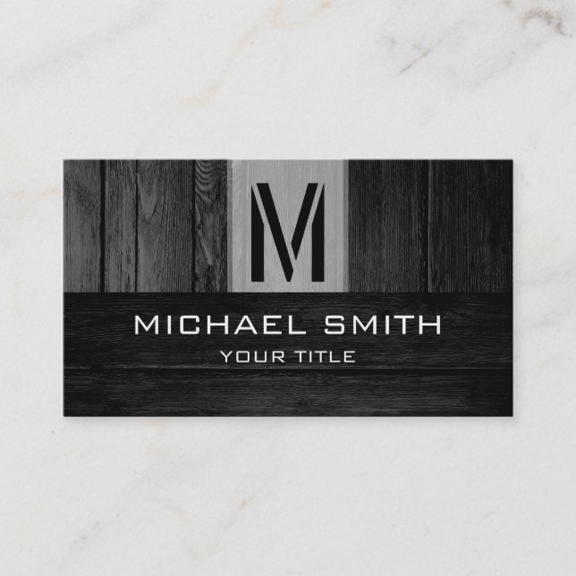 Monogram Black Wood Look Business Card (Front)