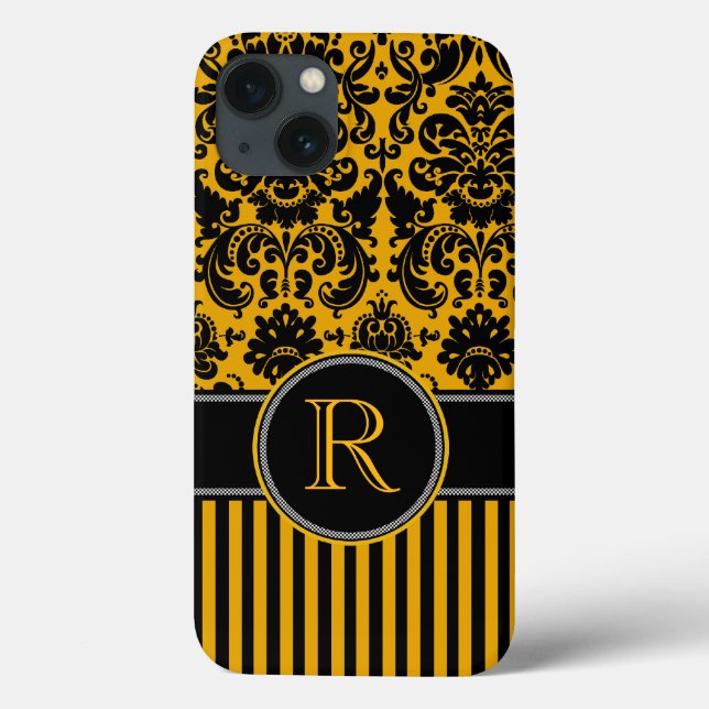 Monogram Black, Yellow Damask Stripe iPad Air Case (Back)