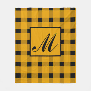 Monogram Black Yellow Gingham Pattern Fleece Blanket