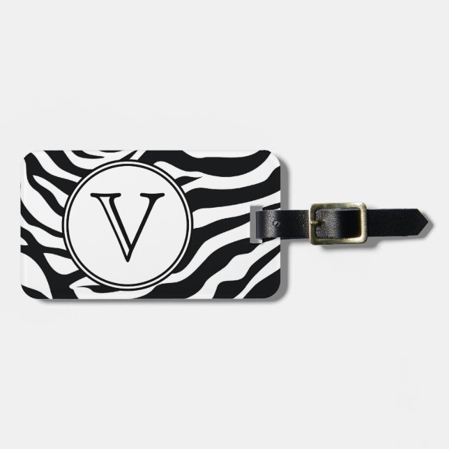 Monogram Black Zebra Stripes Personalized Bag Tag (Front Horizontal)