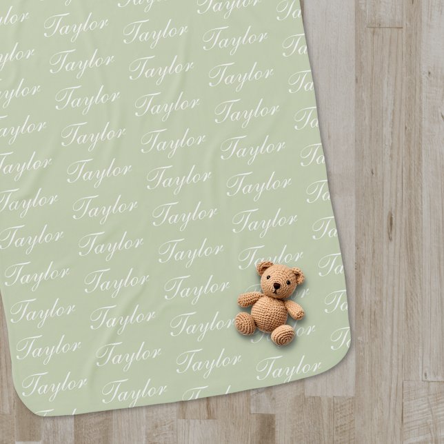 Monogram Blanket Minimalist Unisex Green Name (Monogrammed Gender Neutral Baby blanket with name all over. Cute Receiving blanket for newborn baby.)