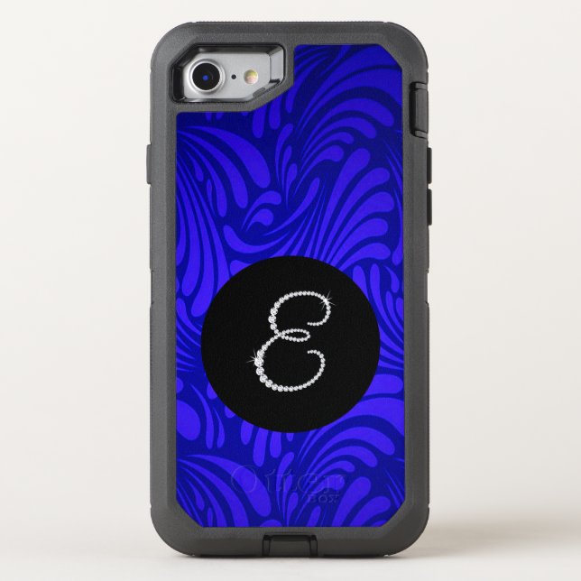 Monogram Bling Letter E Blue Swirl Background Otterbox iPhone Case (Back)