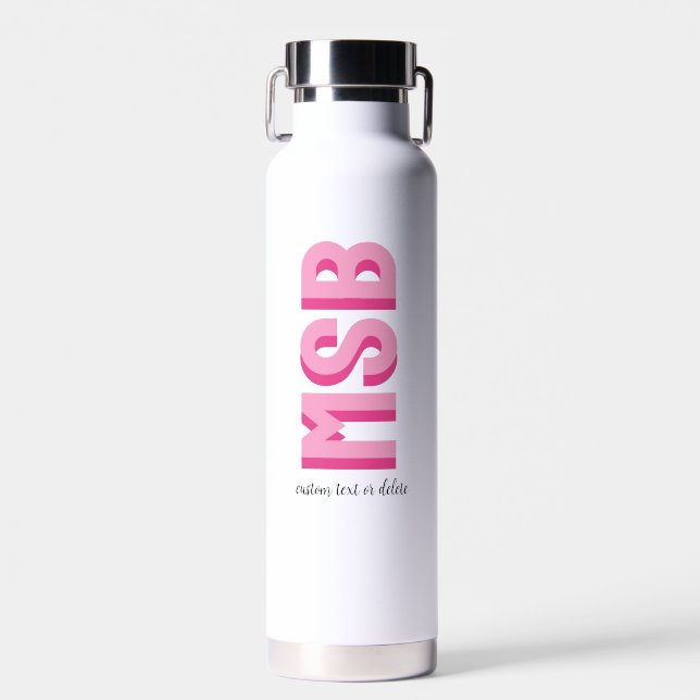 Monogram Block Shadow Initials Custom Text Pink Water Bottle (Front)